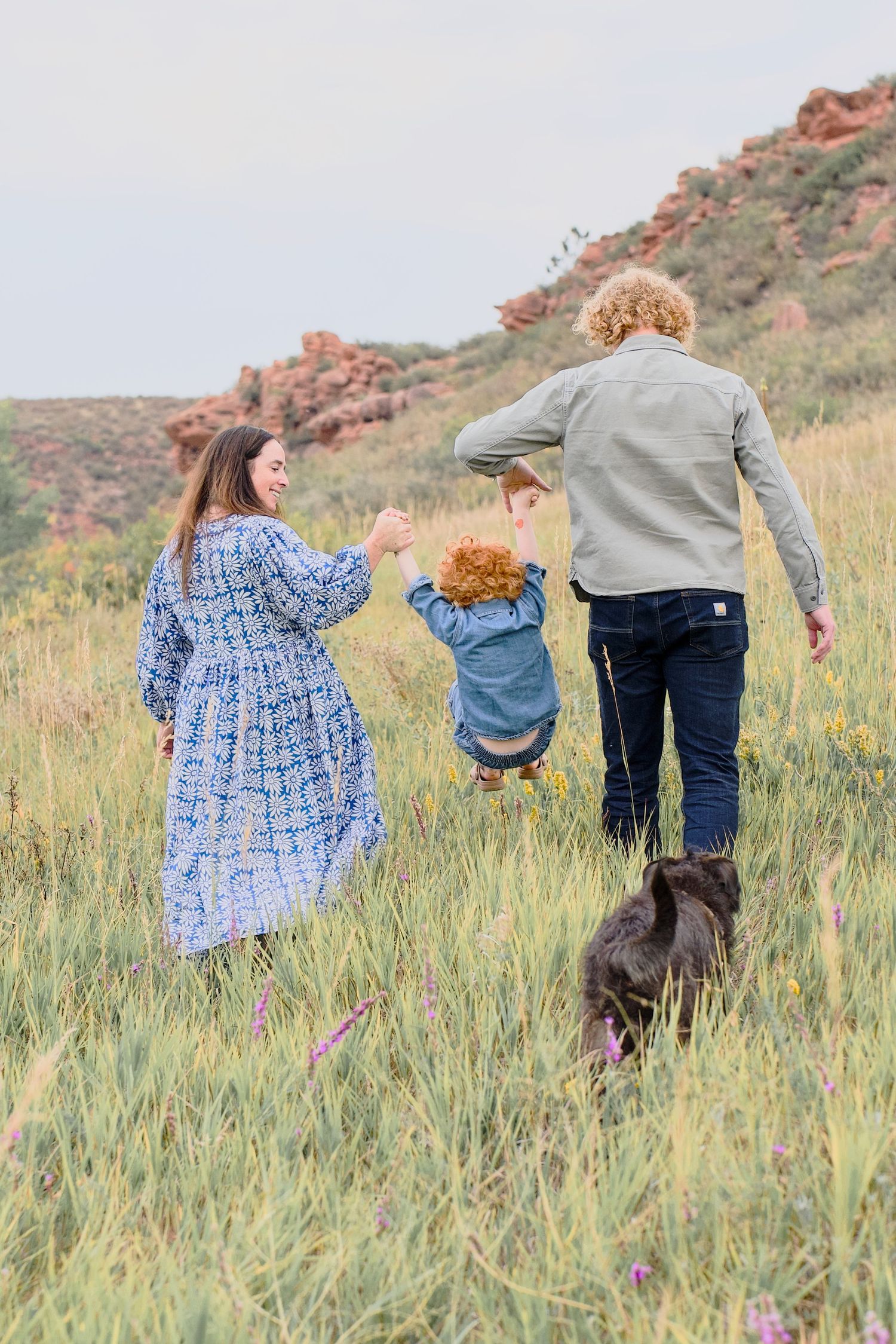 Portrait of a family of three holding hands with a child and walking through a meadow in an outdoor photo session at Lory State Park.
