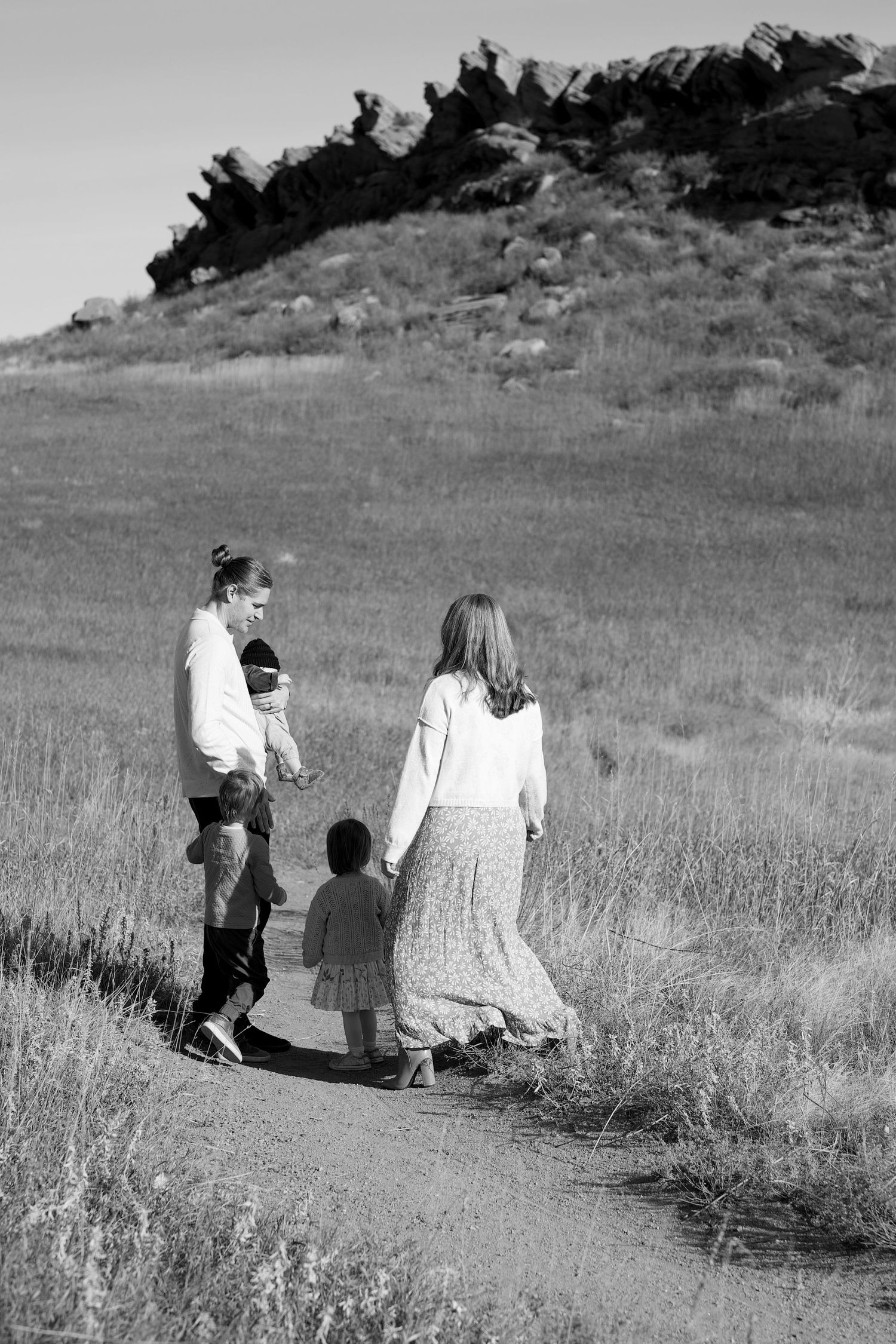 Black and white photo of a family portrait outdoors at Lory State Park.