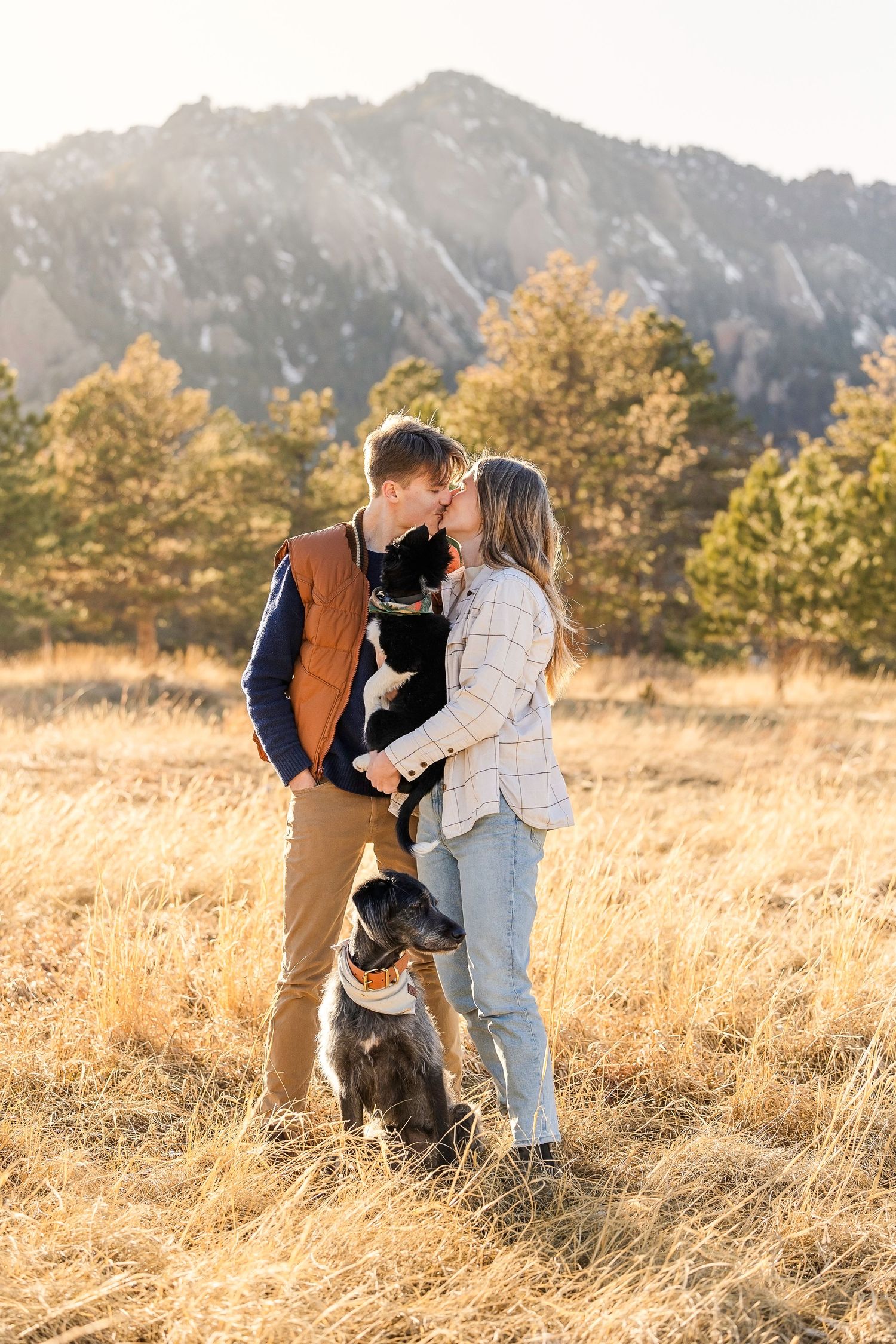 A couple and their dog shares tender moments in a golden field at sunset with mountains in the background.