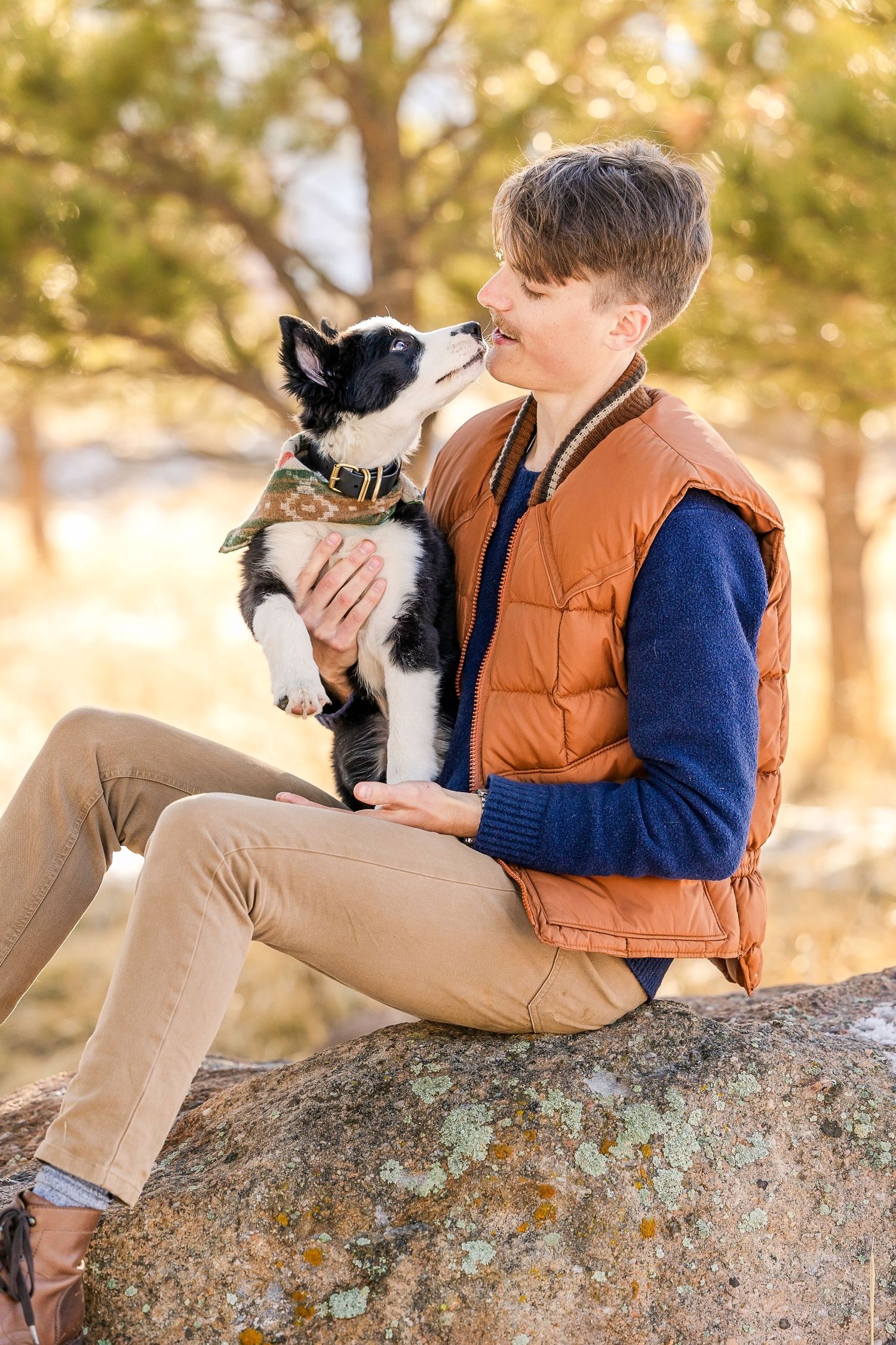Border Collie puppy cuddling on large boulder during golden hour photoshoot.