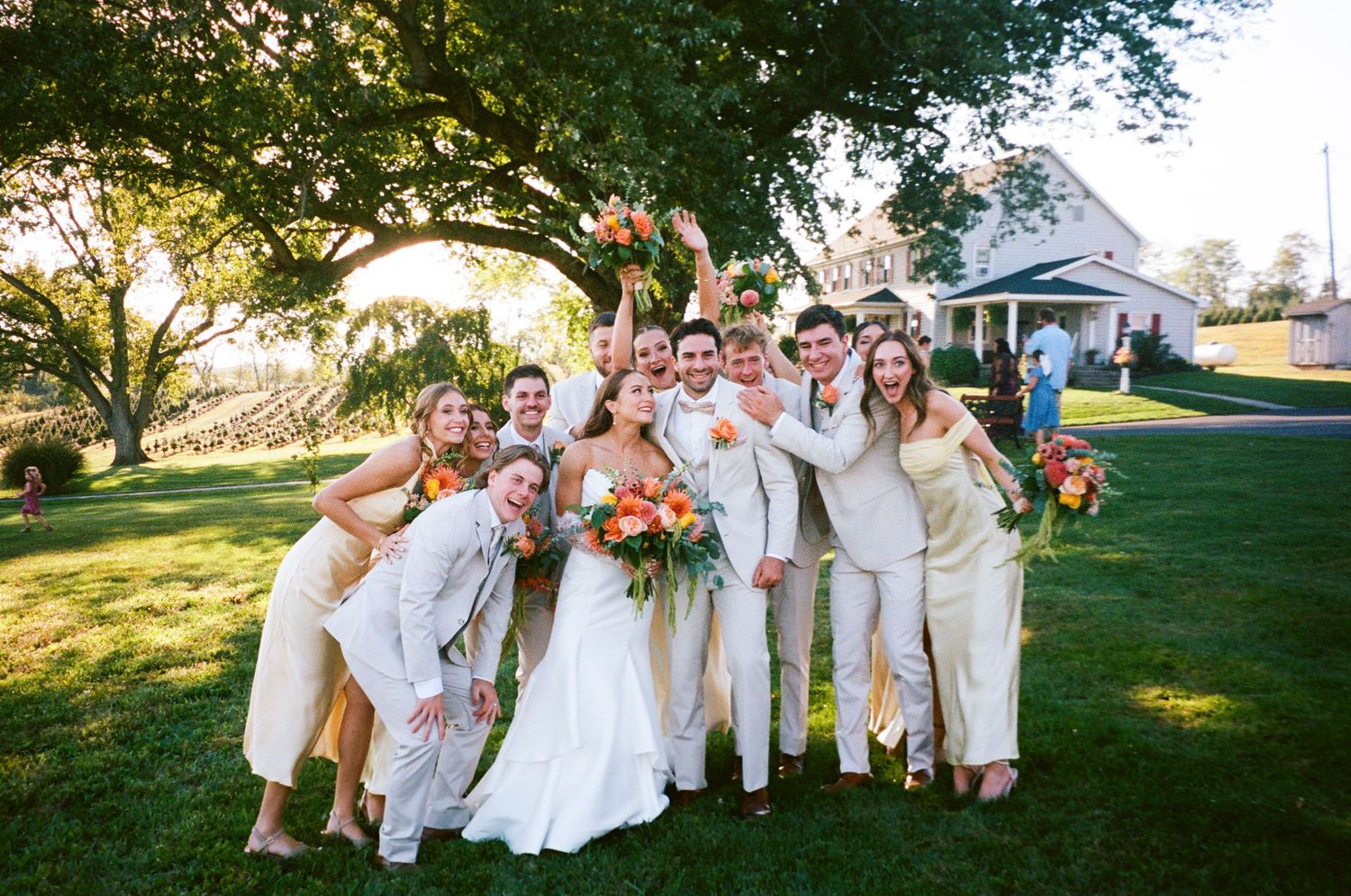 Wedding party in white attire poses together on a sunny lawn during outdoor summer celebration.