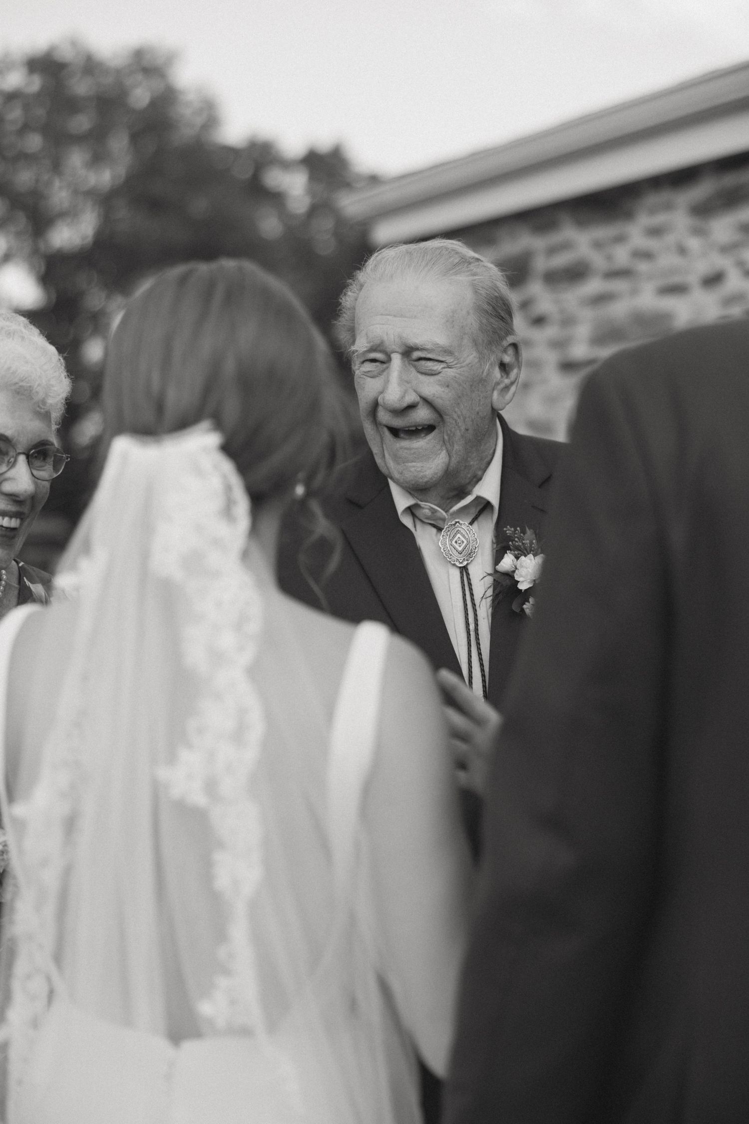 A black and white photo sequence showing joyful interactions between wedding guests and a bride in her veil.