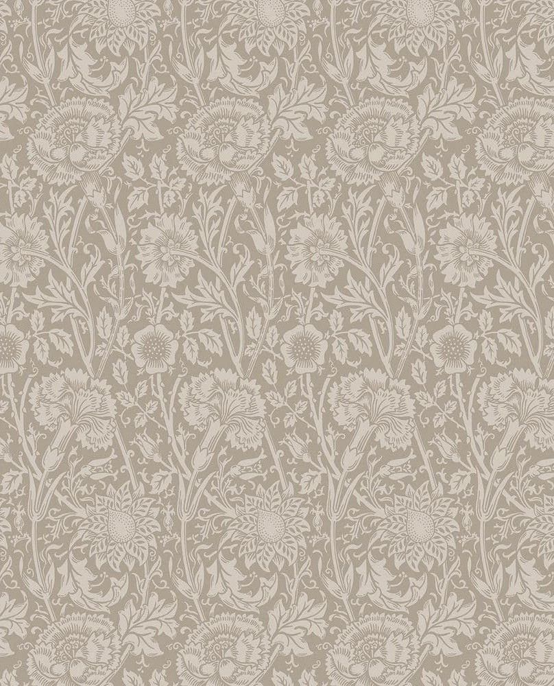 Seamless gray and beige floral damask wallpaper pattern with ornate scrolling botanical motifs.