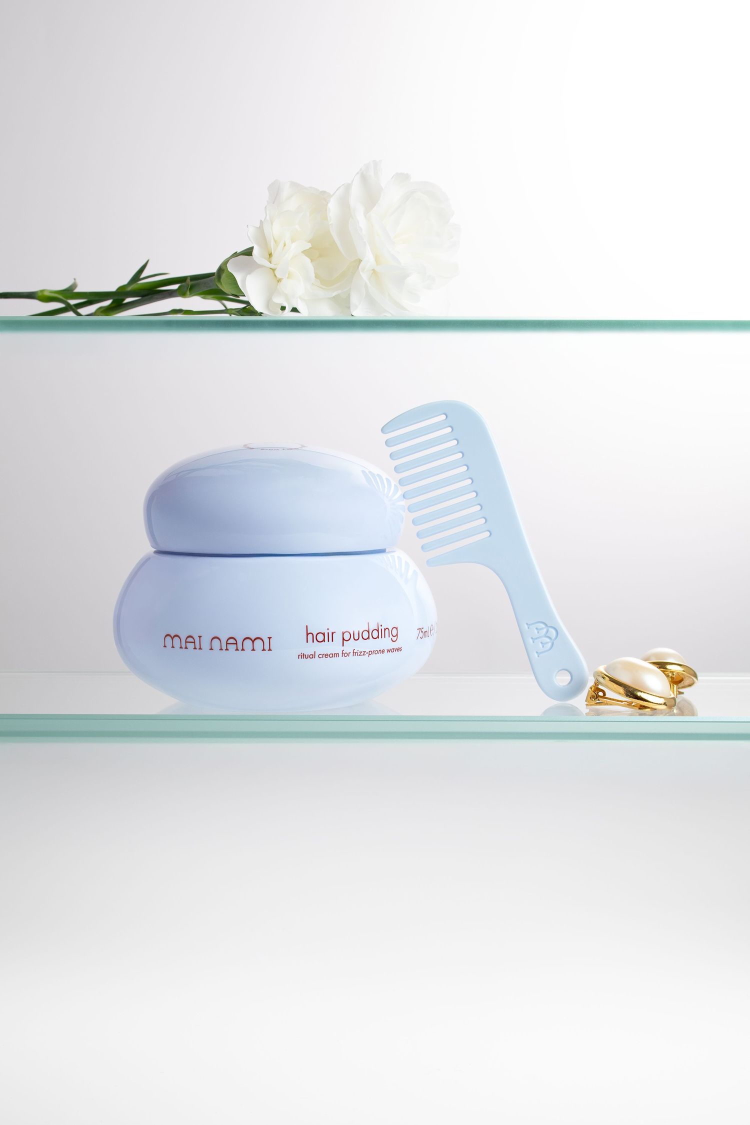 beautiful aesthetic bathroom shelf shot for hair pudding Mai Sami by Glow Studio Yalda