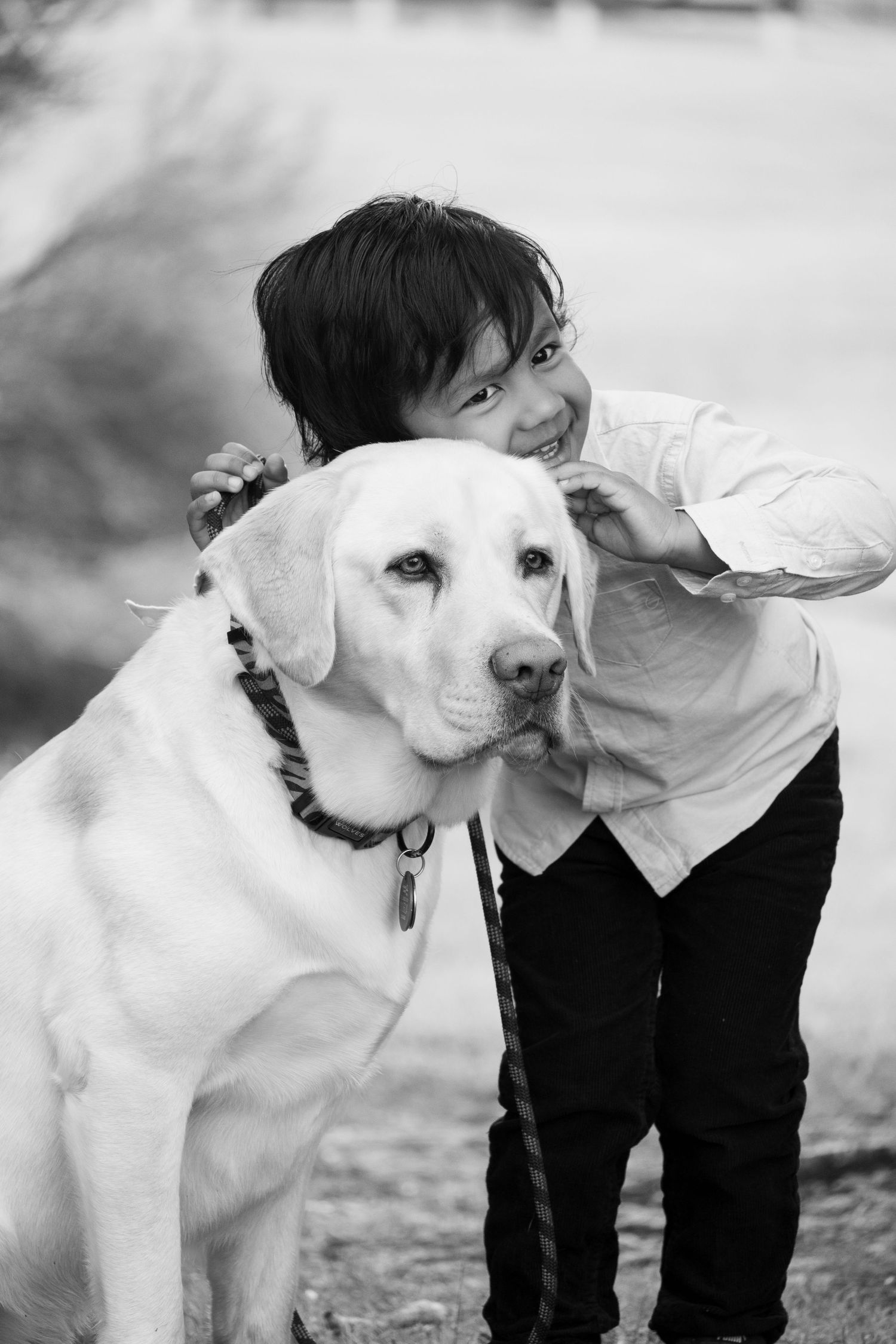 A white French Bulldog puppy receives affectionate kisses and hugs from someone in a series of black and white photos.