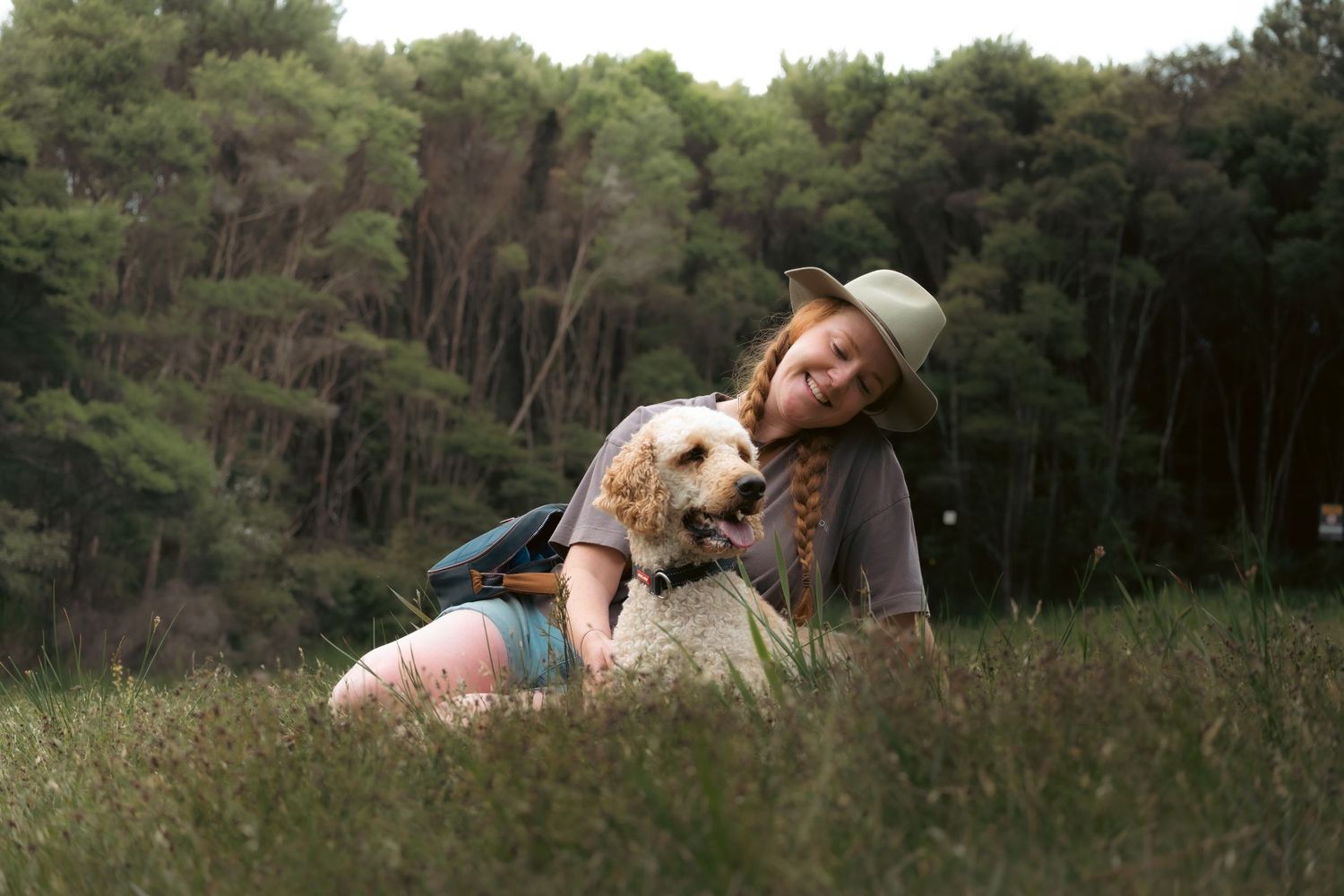 A sequence of outdoor photos showing a person relaxing in a grassy field with trees in the background.