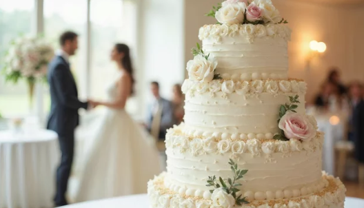 Classic white tiered wedding cake with delicate floral decorations and soft natural lighting.