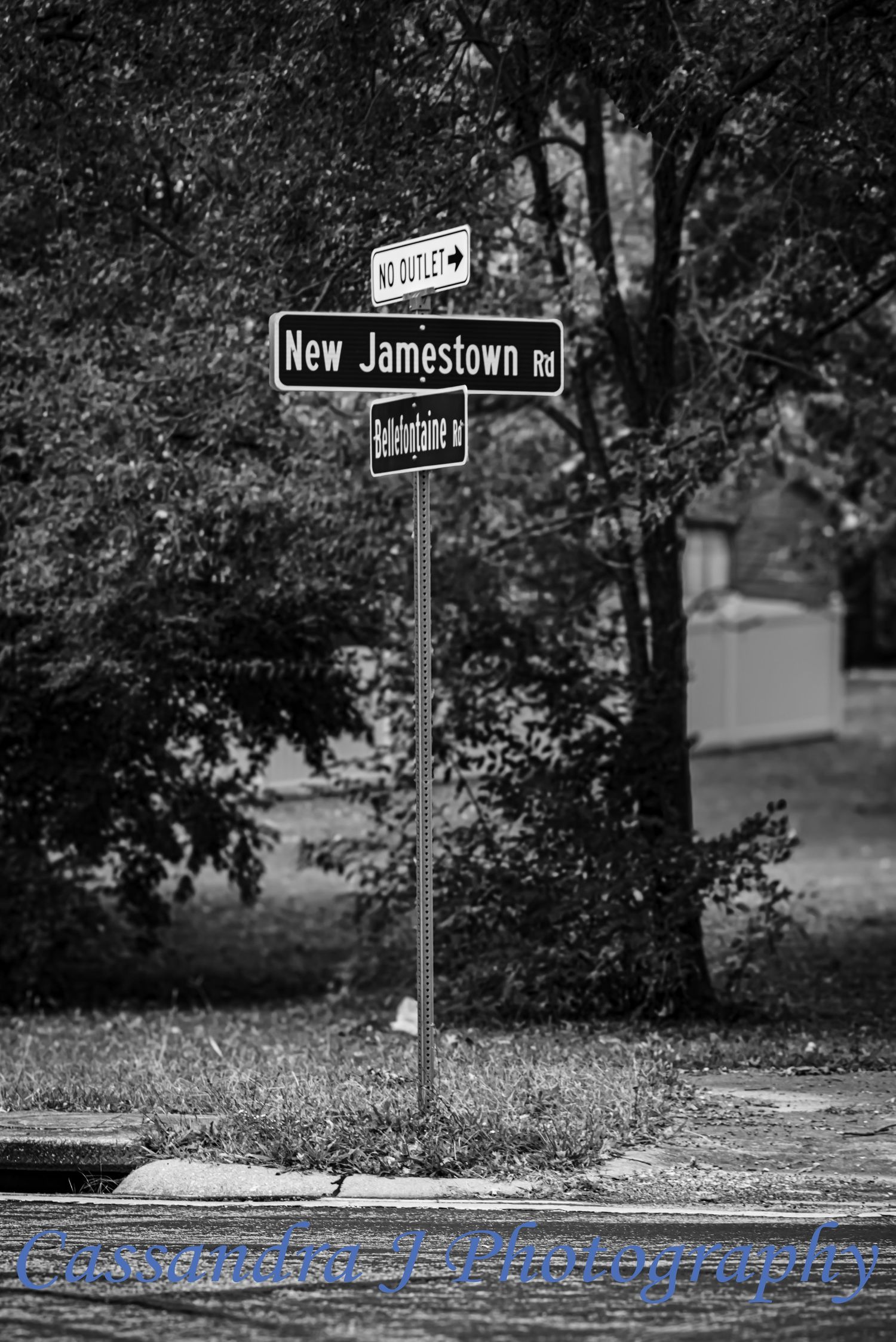 Black and white street sign for New Jamestown Road at an intersection with tree foliage in the background.