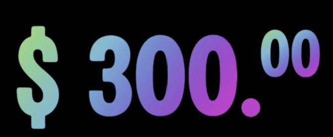 A neon sign displaying $300.00 in glowing pastel colors against a dark background.