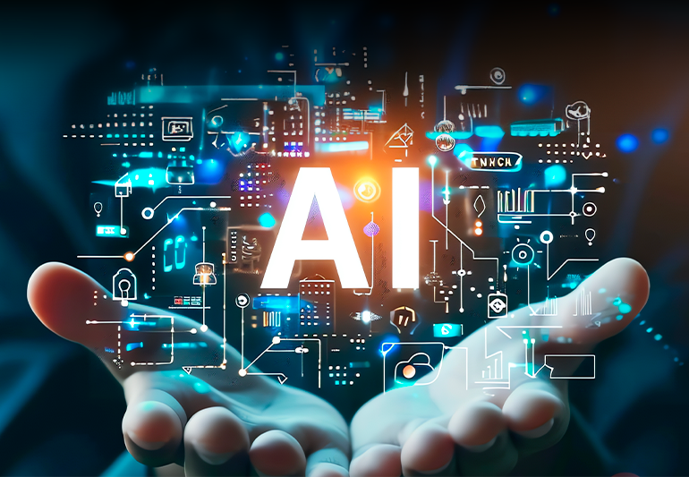 Glowing blue and red AI technology concept with digital elements and circuits against dark background.