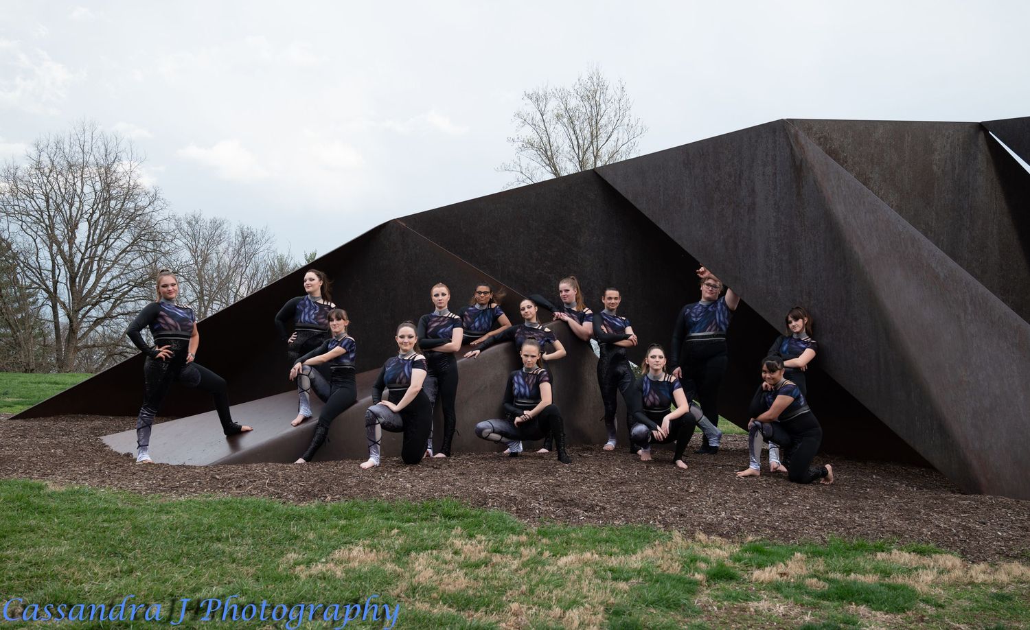 Large wedding party posing outdoors against a black backdrop.