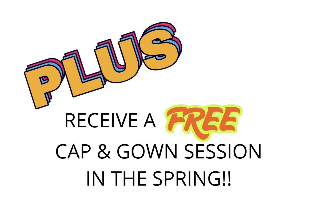 Colorful promotional banner advertising graduation photos and cap and gown sessions with orange and purple text.