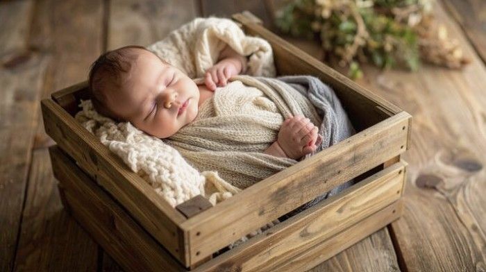 A sleeping baby wrapped in a cozy blanket lies peacefully in a rustic wooden crate on a wooden floor.