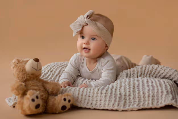 Adorable baby girl laying on her tummy in color neutral palette and stuffed teddy bear.
