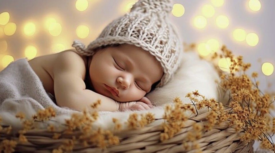 Sleeping baby in knit hat rests on dried flowers with soft bokeh lights glowing in background.