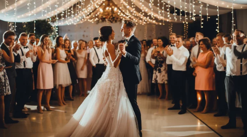 A panoramic view of an elegant wedding reception venue with string lights and guests gathered for celebration.