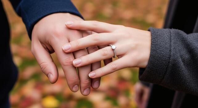 Close-up view of hands with engagement rings against a blurred autumn background with fallen leaves.