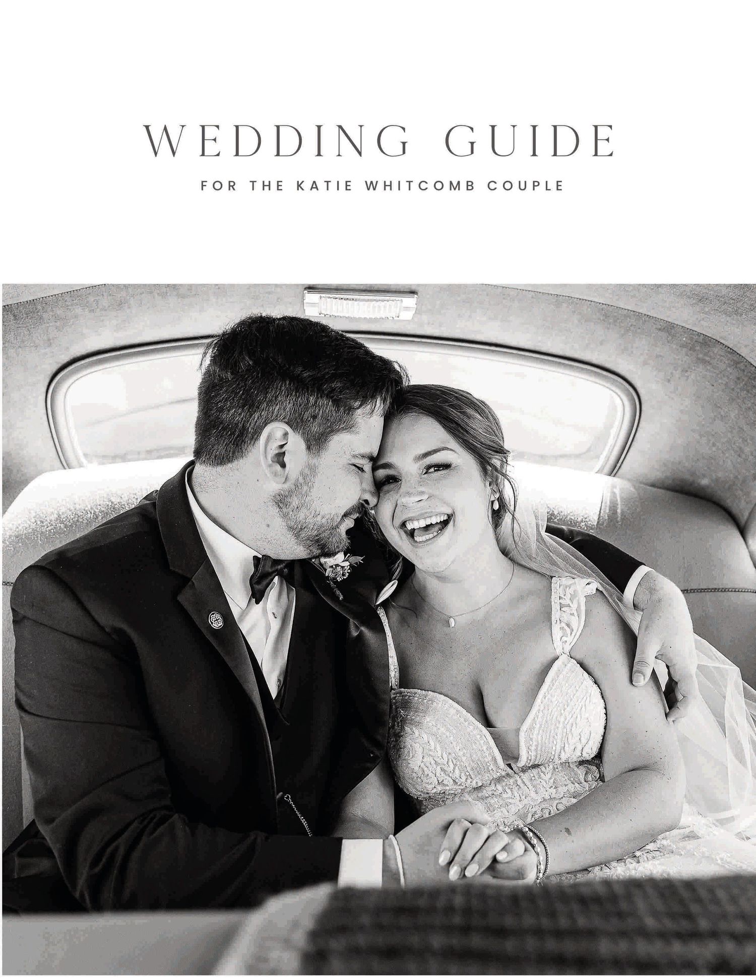 A romantic black and white photo collage of newlyweds sharing intimate moments inside a vintage car.