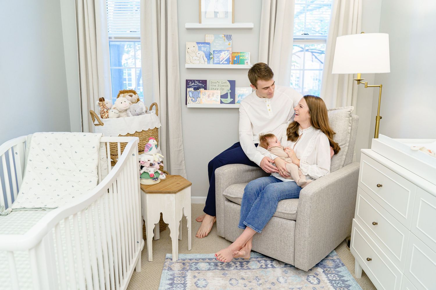 Collage of four nursery scenes showing a white crib, dresser, and rocking chair in a bright, modern room.
