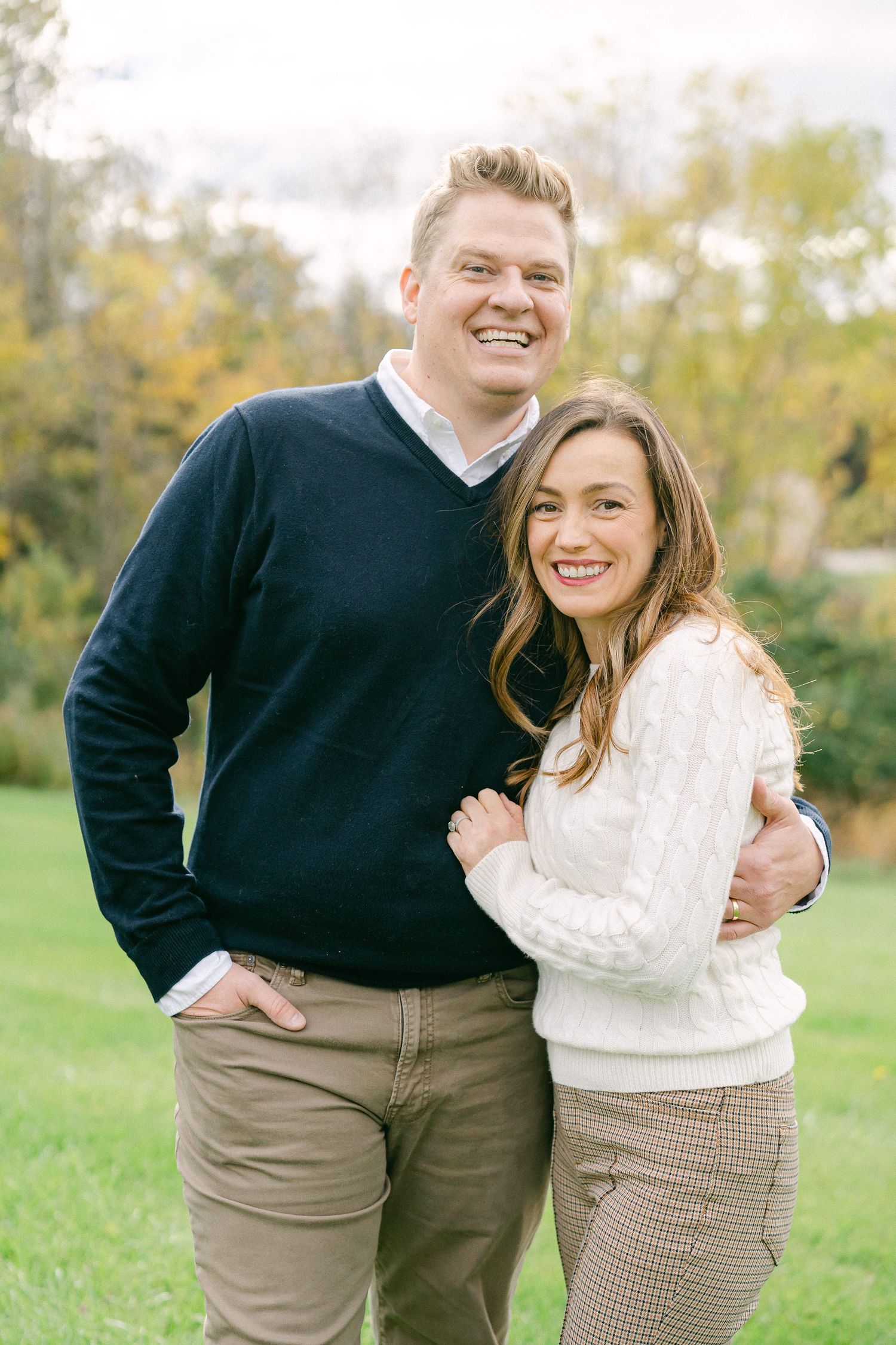A series of intimate family portraits showing affectionate embraces in a sunny autumn outdoor setting.