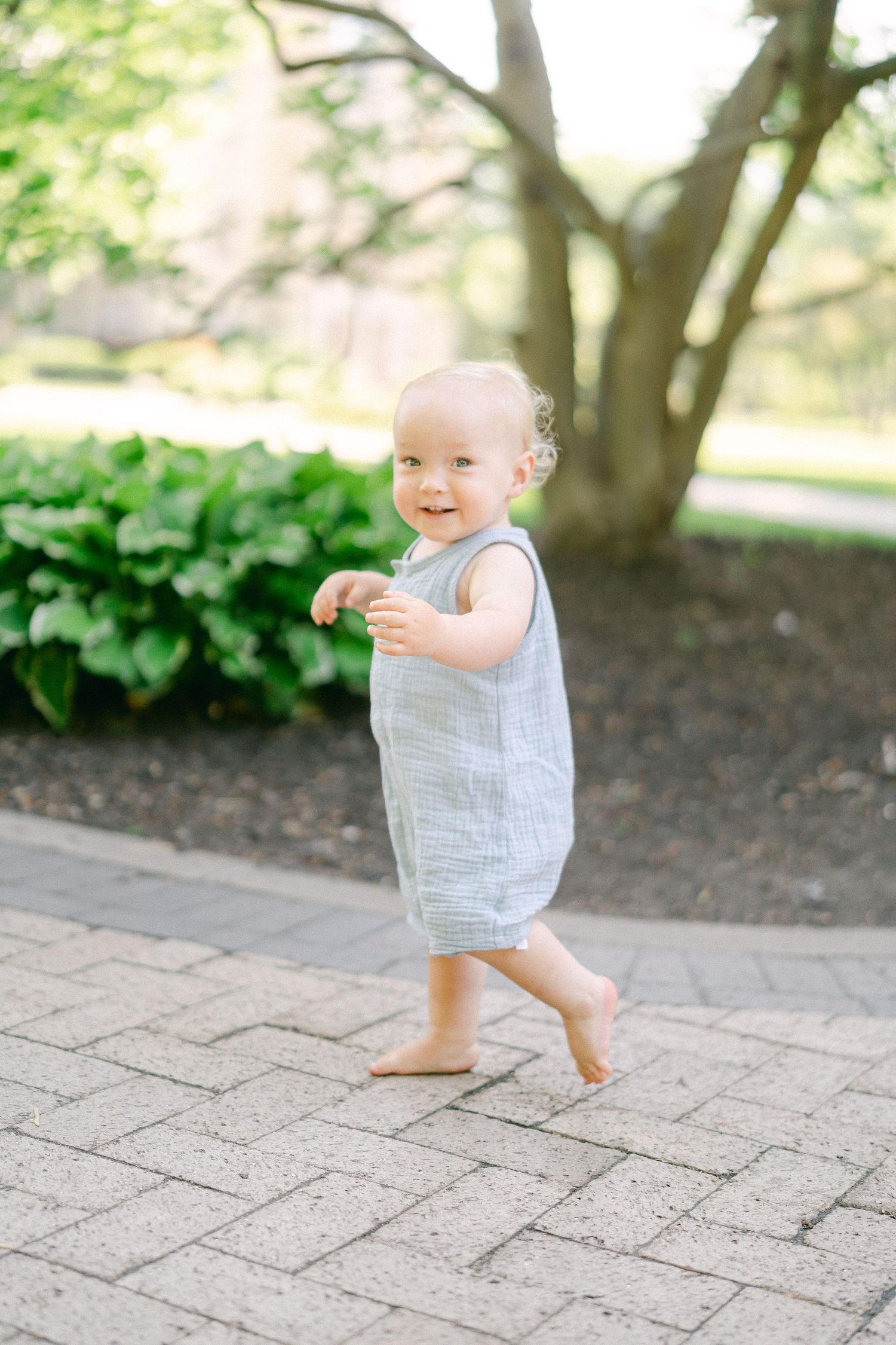 A baby in a light gray dress takes early steps on a brick paver patio near green garden foliage.