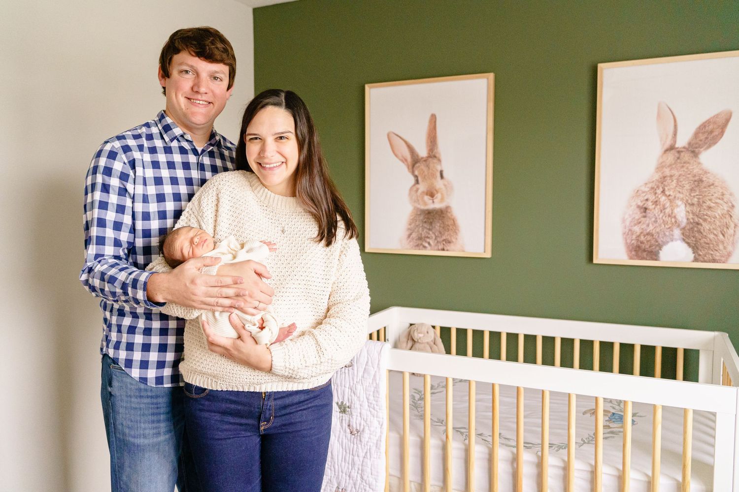 Maternity photo collage with green walls, bunny artwork, and nursery decor showing a growing family anticipating a baby.