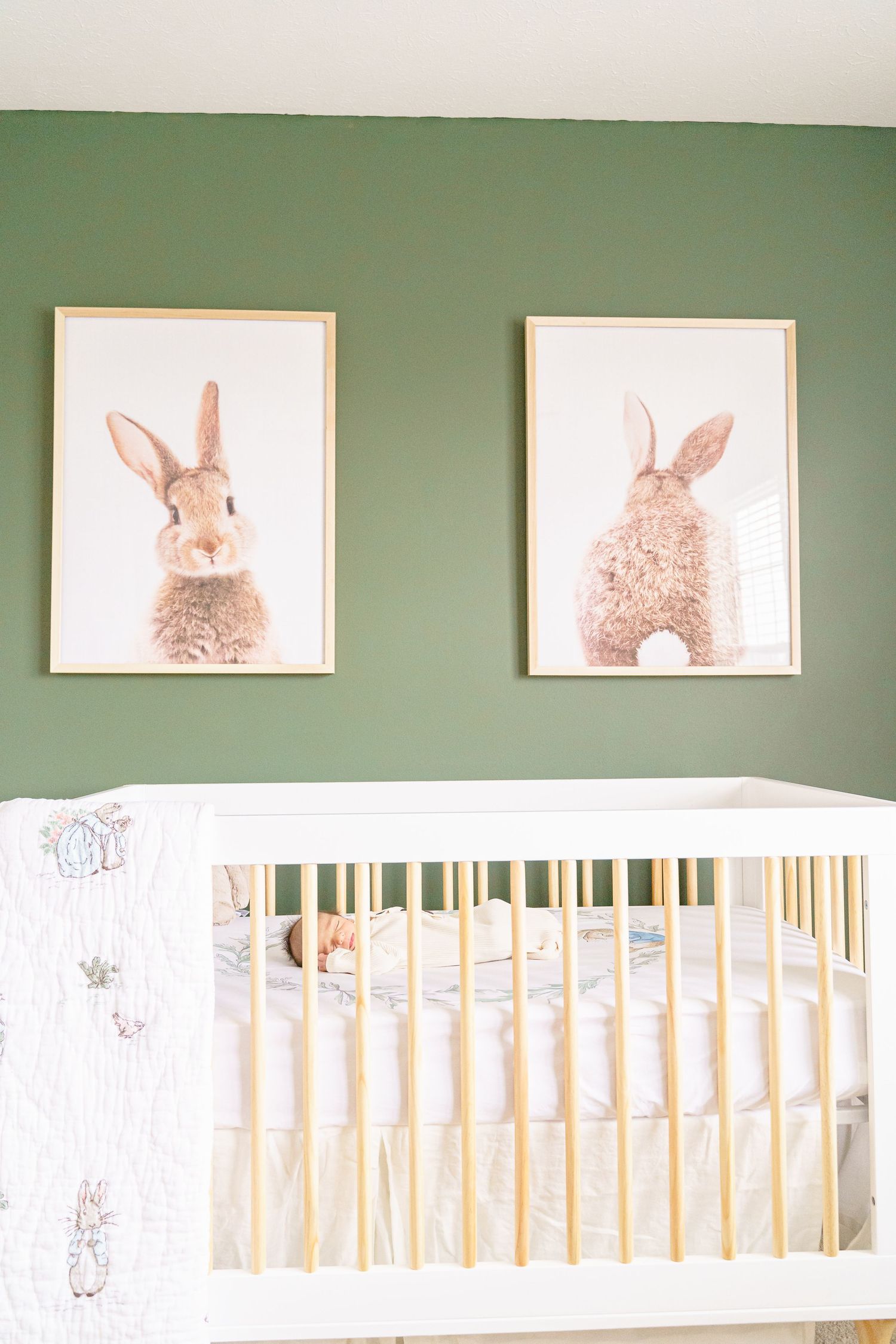 Two framed bunny rabbit prints hang above a white crib on a sage green nursery wall.