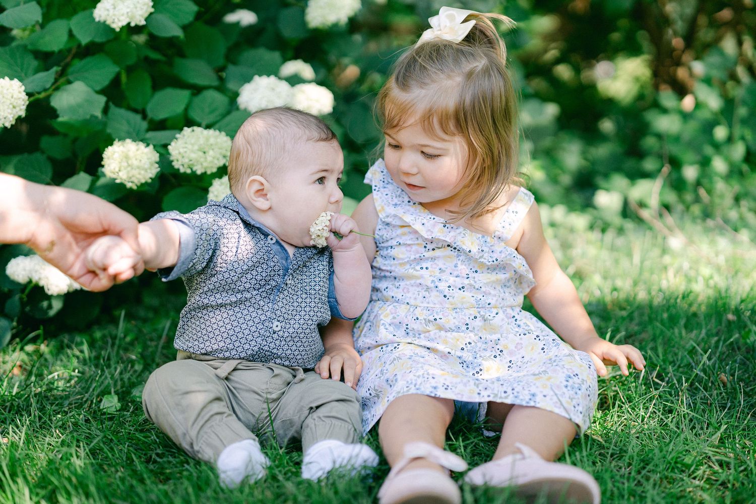Two young children sit together on green grass in a garden setting with white flowers visible in the background.