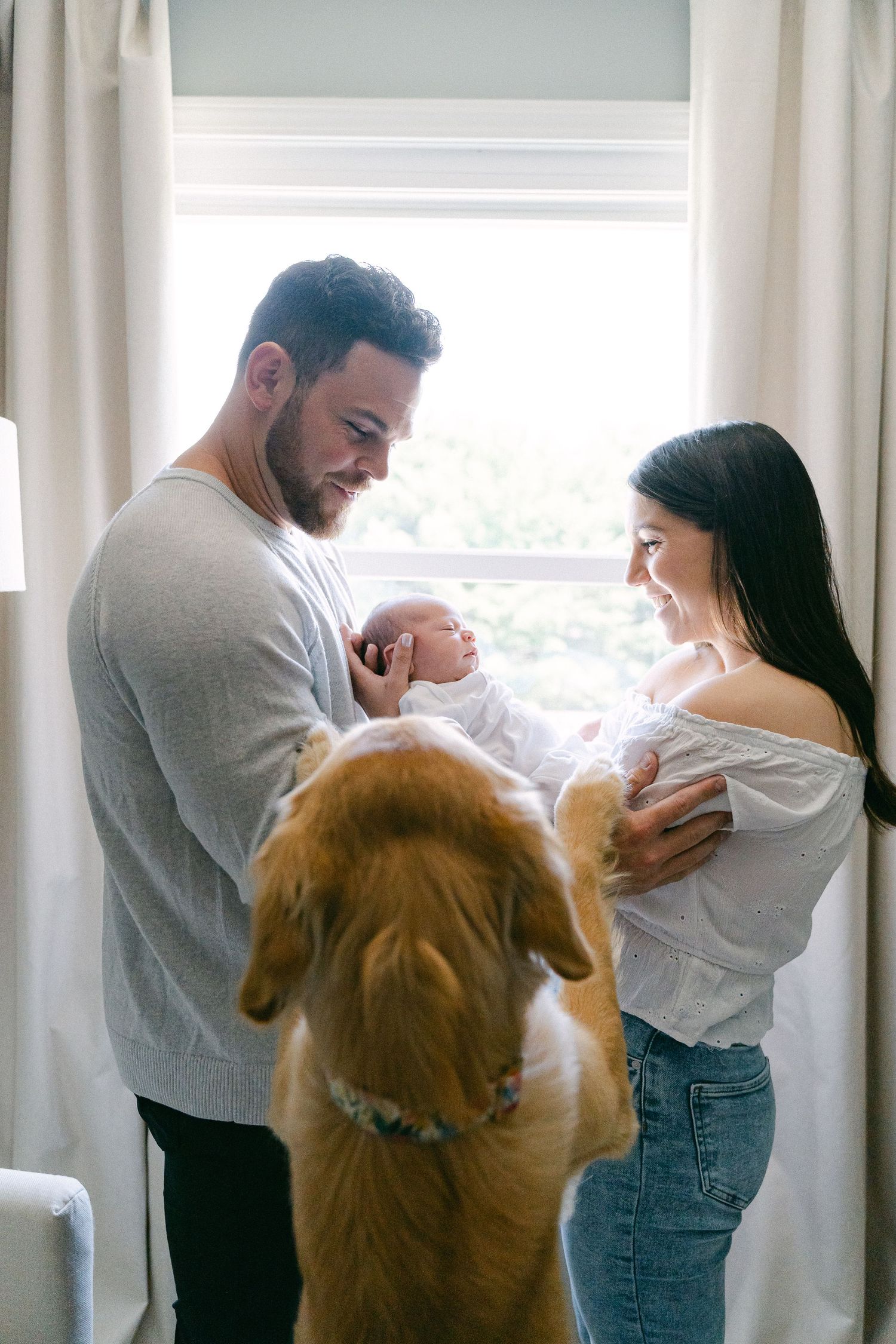 A couple with their golden retriever dog welcomes their newborn baby in a bright, window-lit room.