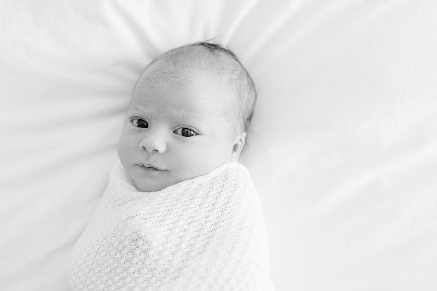 Black and white portrait of a newborn baby swaddled in a textured white blanket.