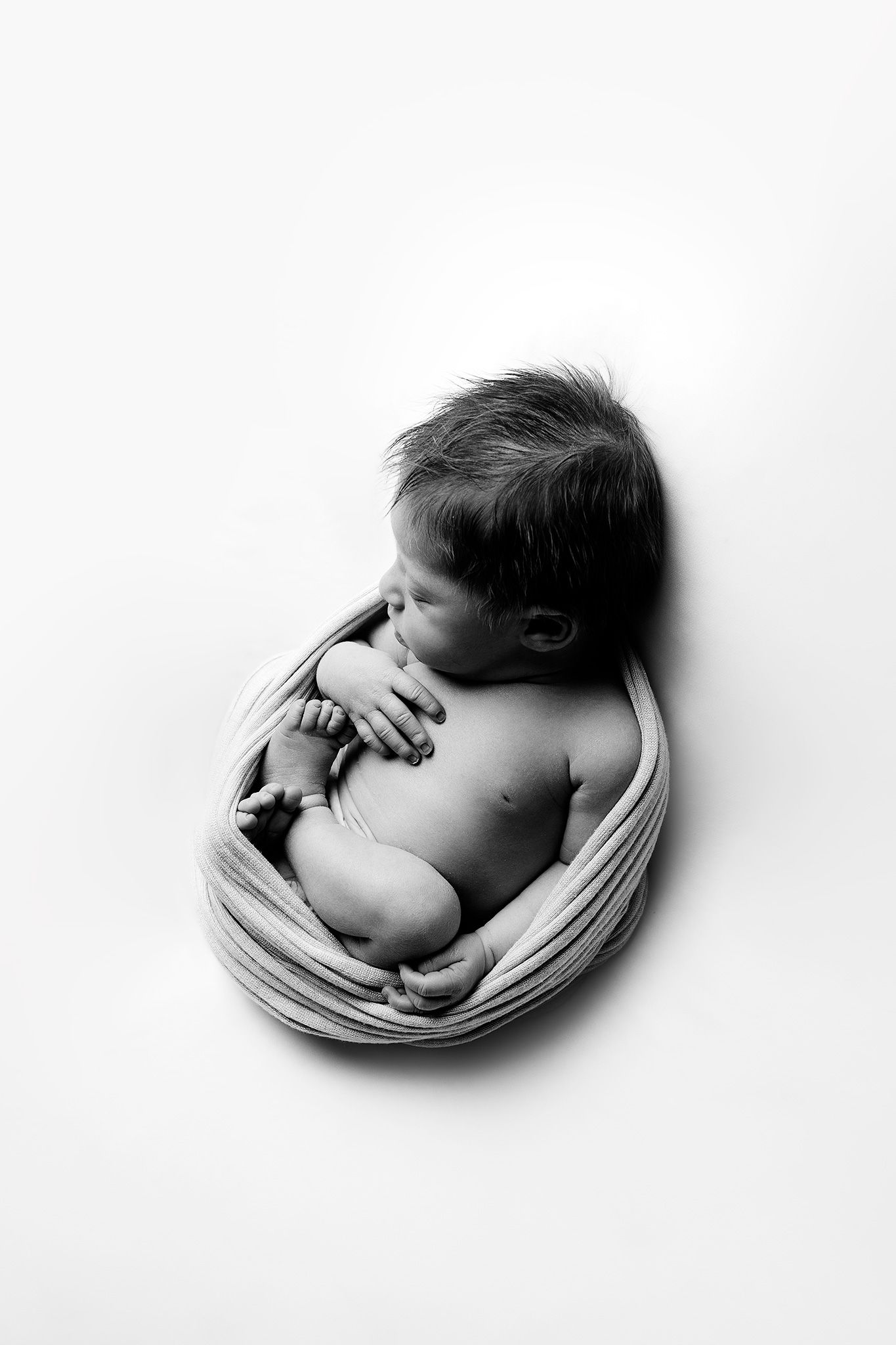 Black and white photo of a sleeping newborn baby curled up in a cozy wrapped position on a white background.