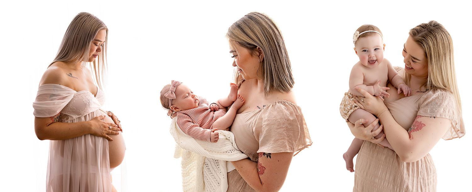 A triptych of a blonde mother in blush dress during pregnancy, holding newborn, and with smiling baby girl.
