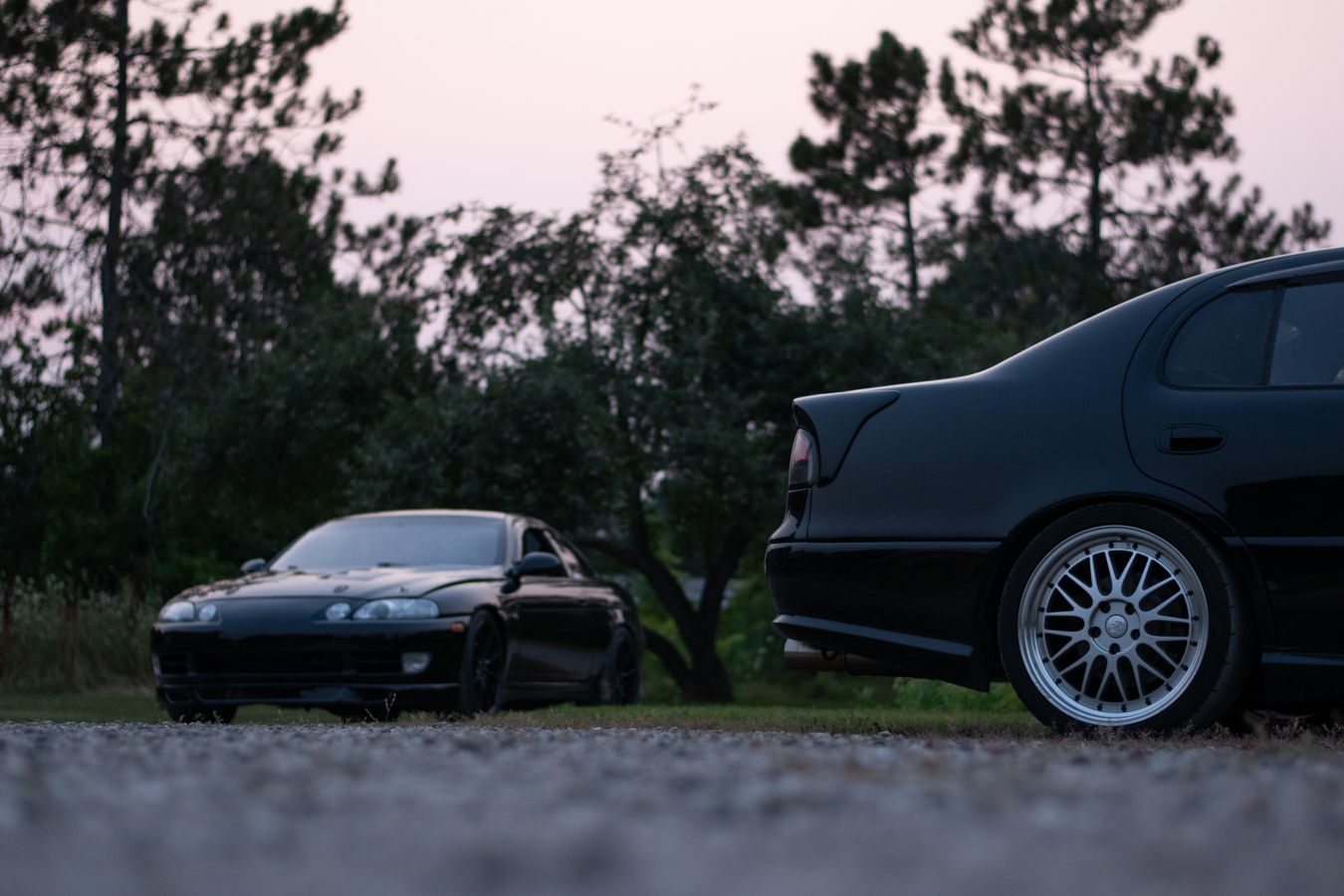 Silhouettes of luxury cars against a sunset sky with trees in the background.