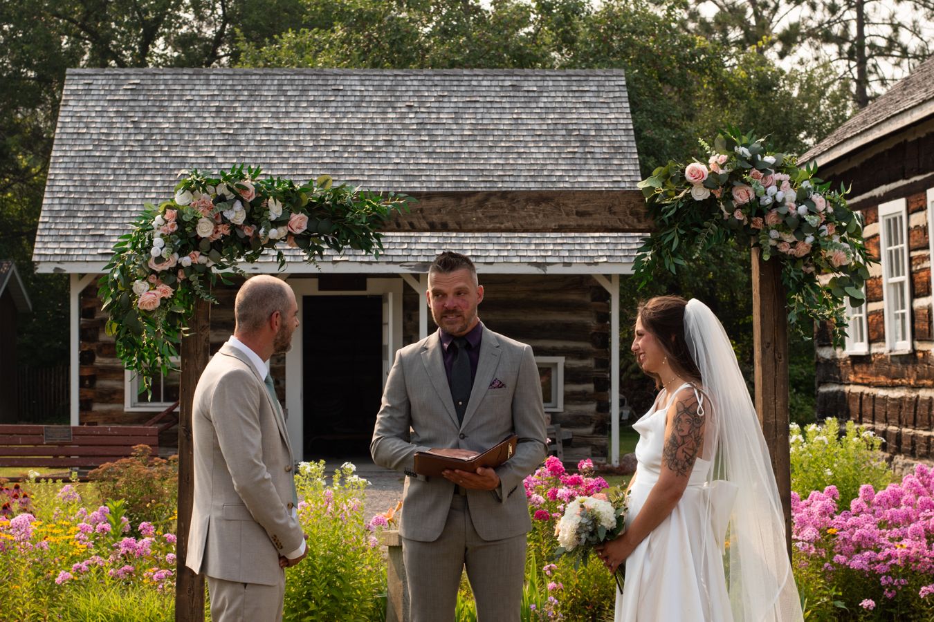 A wedding ceremony collage showing multiple moments from an outdoor garden celebration with floral decorations and formal attire.