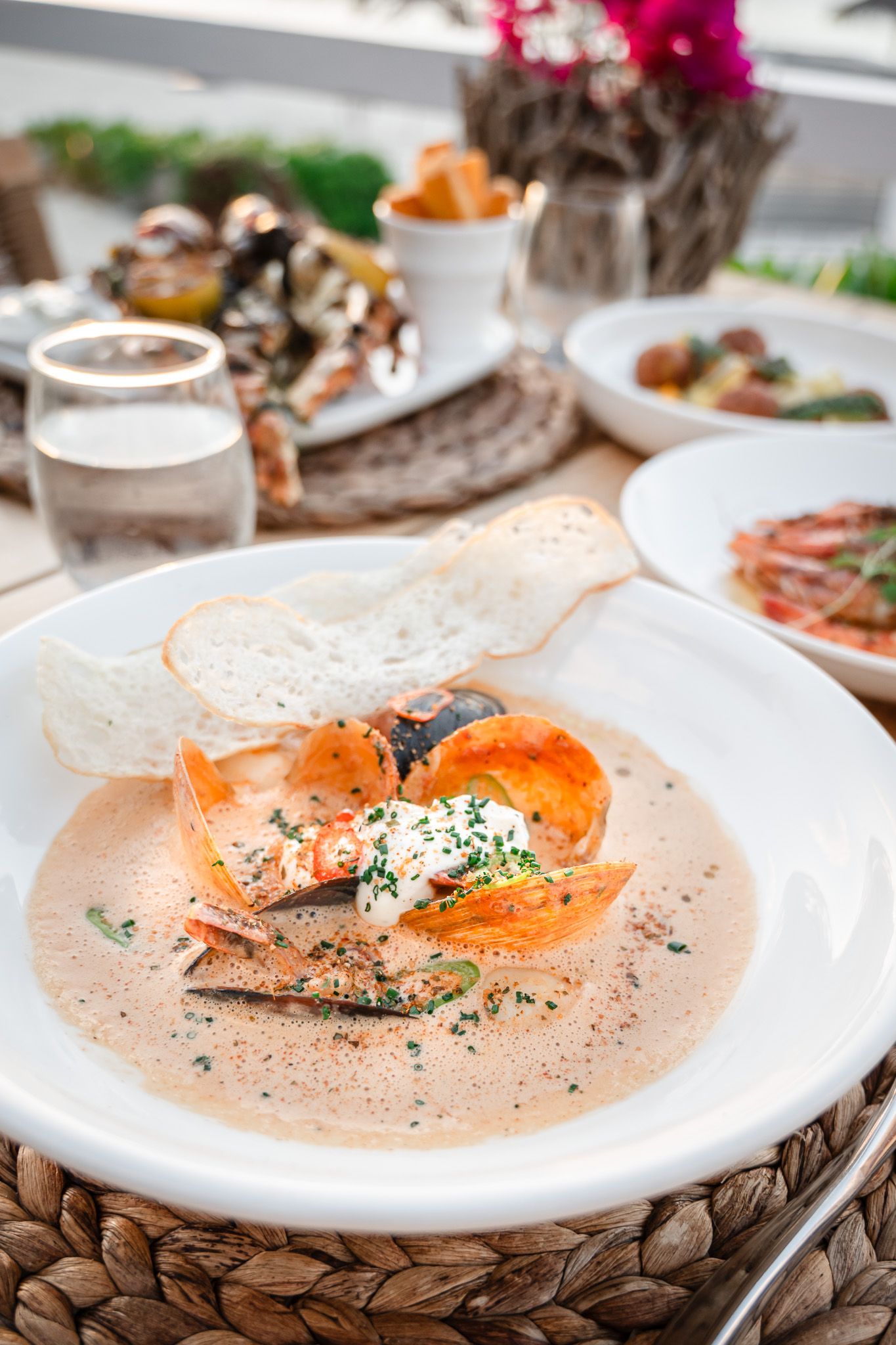Creamy seafood bisque garnished with fresh shrimp and herbs served in white bowls on rustic placemats.