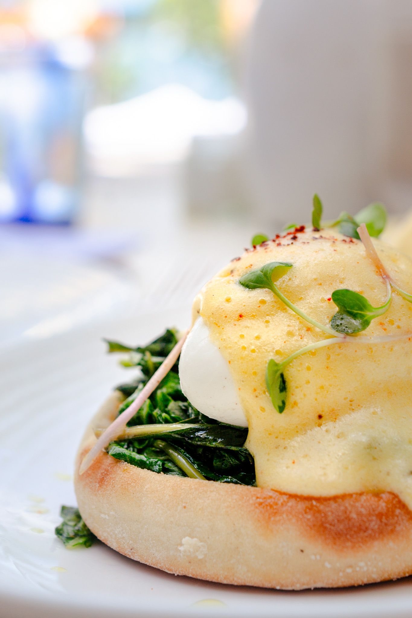 Close-up of eggs Florentine with wilted spinach and hollandaise sauce on toasted English muffins.