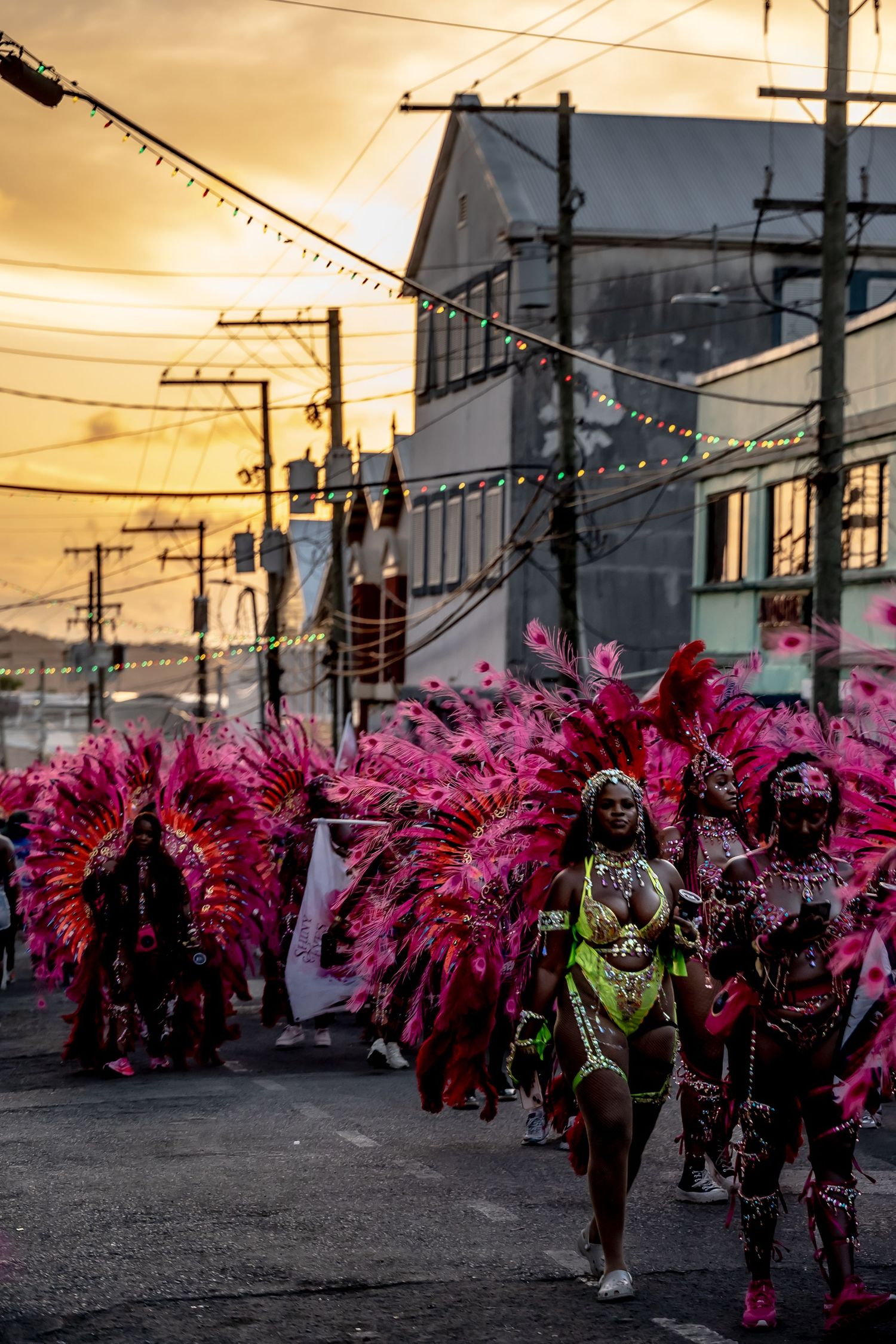 Vibrant carnival parade at sunset with performers in elaborate pink feathered costumes marching down a city street.