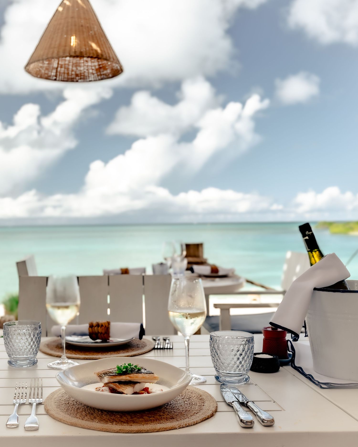 Elegant beachfront dining table with white wine, gourmet dish, and stunning turquoise ocean view under a blue sky.