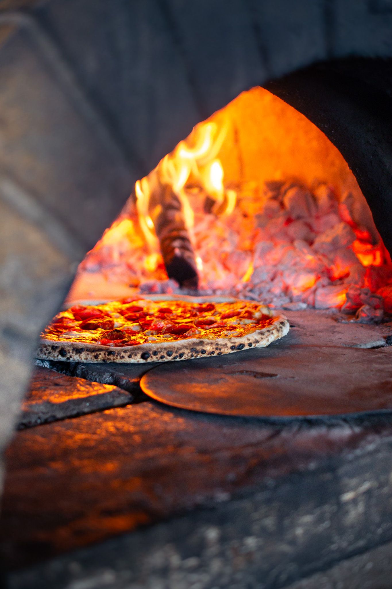 A series of images showing a pizza cooking in a wood-fired brick oven with glowing flames and embers.