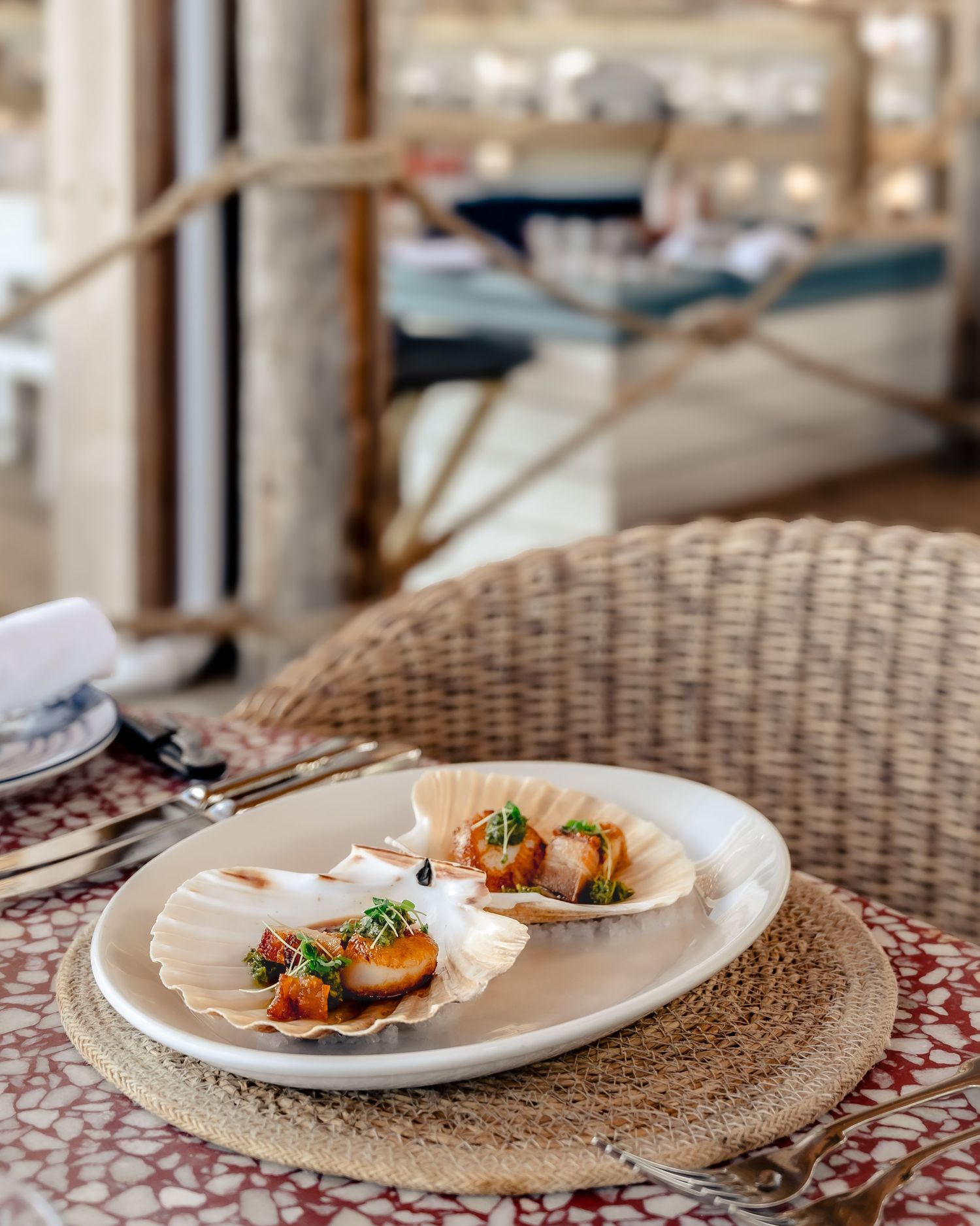 Elegant seared scallops served in shells on a white plate at a seaside restaurant with wicker chairs.
