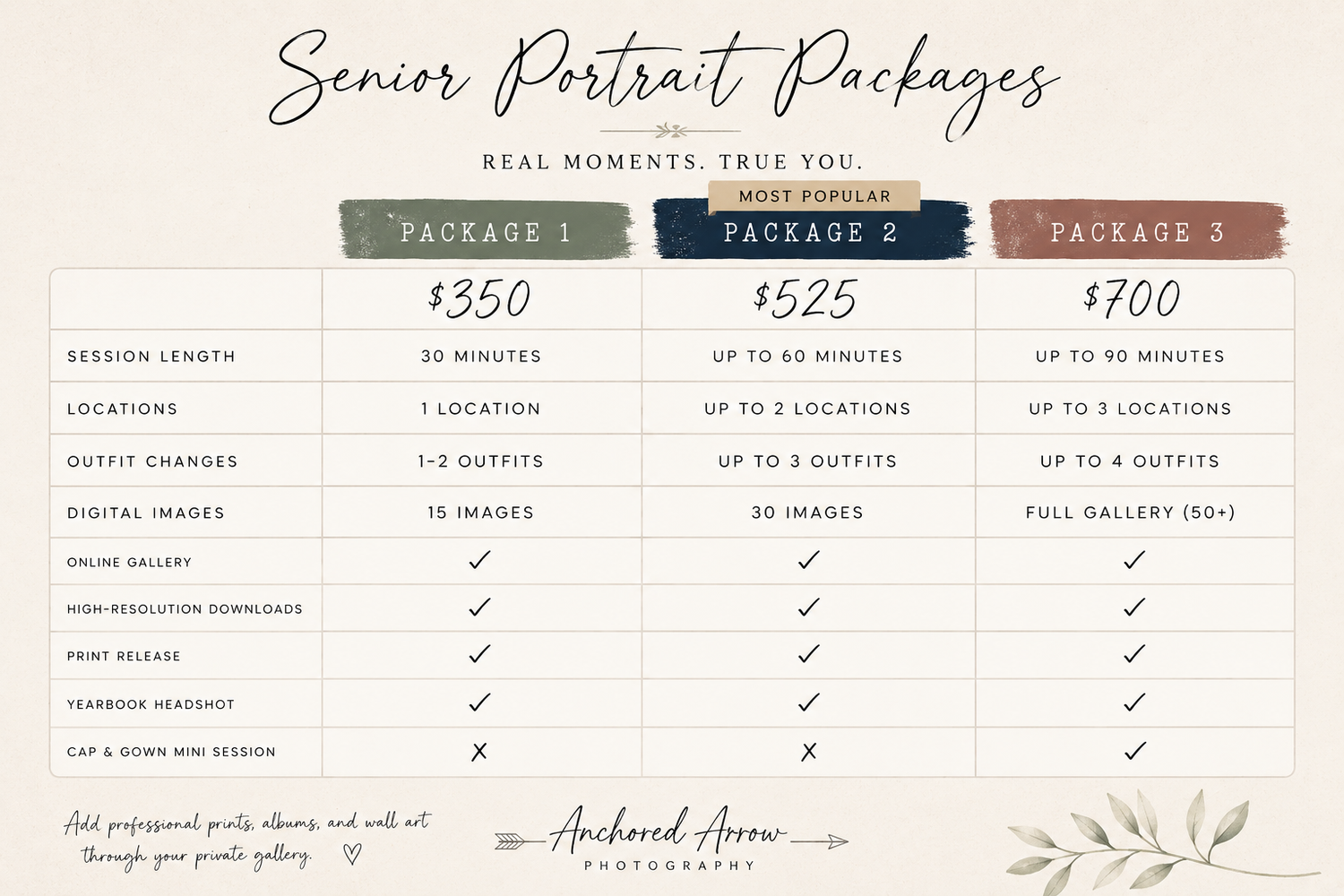 Senior portrait photography packages ranging from $350 to $700, offering sessions with digital images, print release, and online gallery.