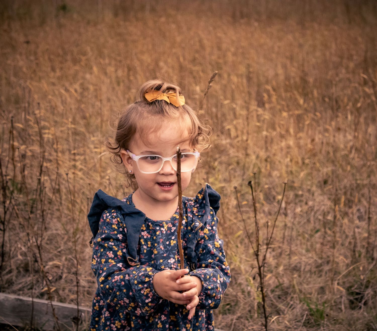 A young girl wearing glasses and a floral dress holds a stick in a golden field of tall dry grass.