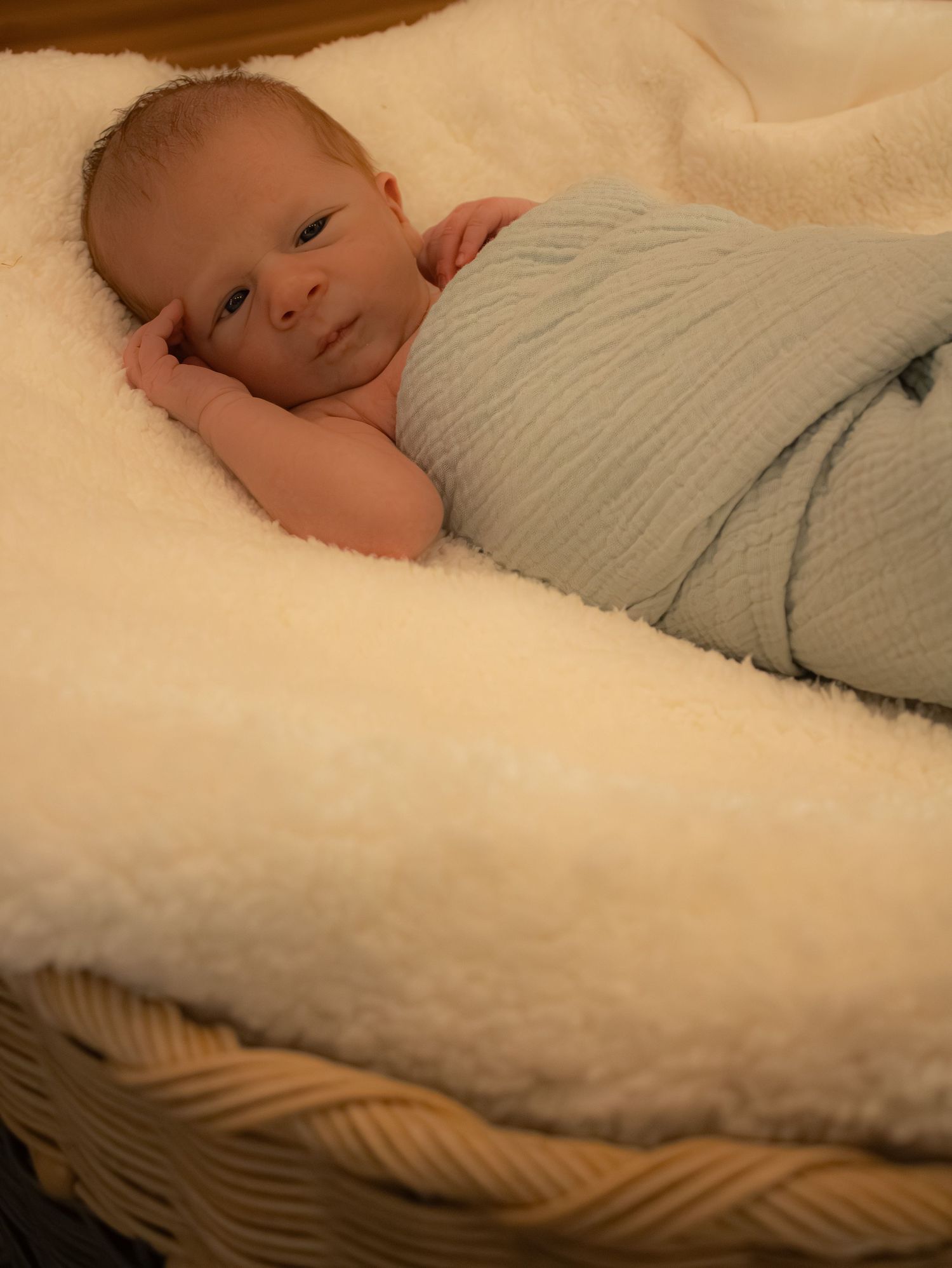 Newborn baby swaddled in a light blue blanket resting in a wicker basket lined with soft white fleece.