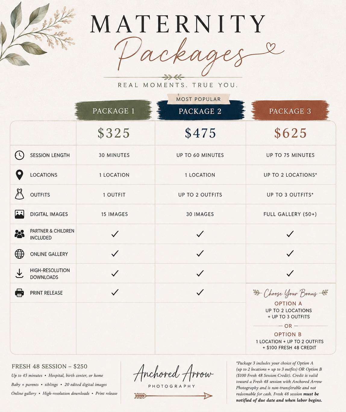 Maternity photography packages pricing guide showing three options from $325 to $625 with session details and inclusions.