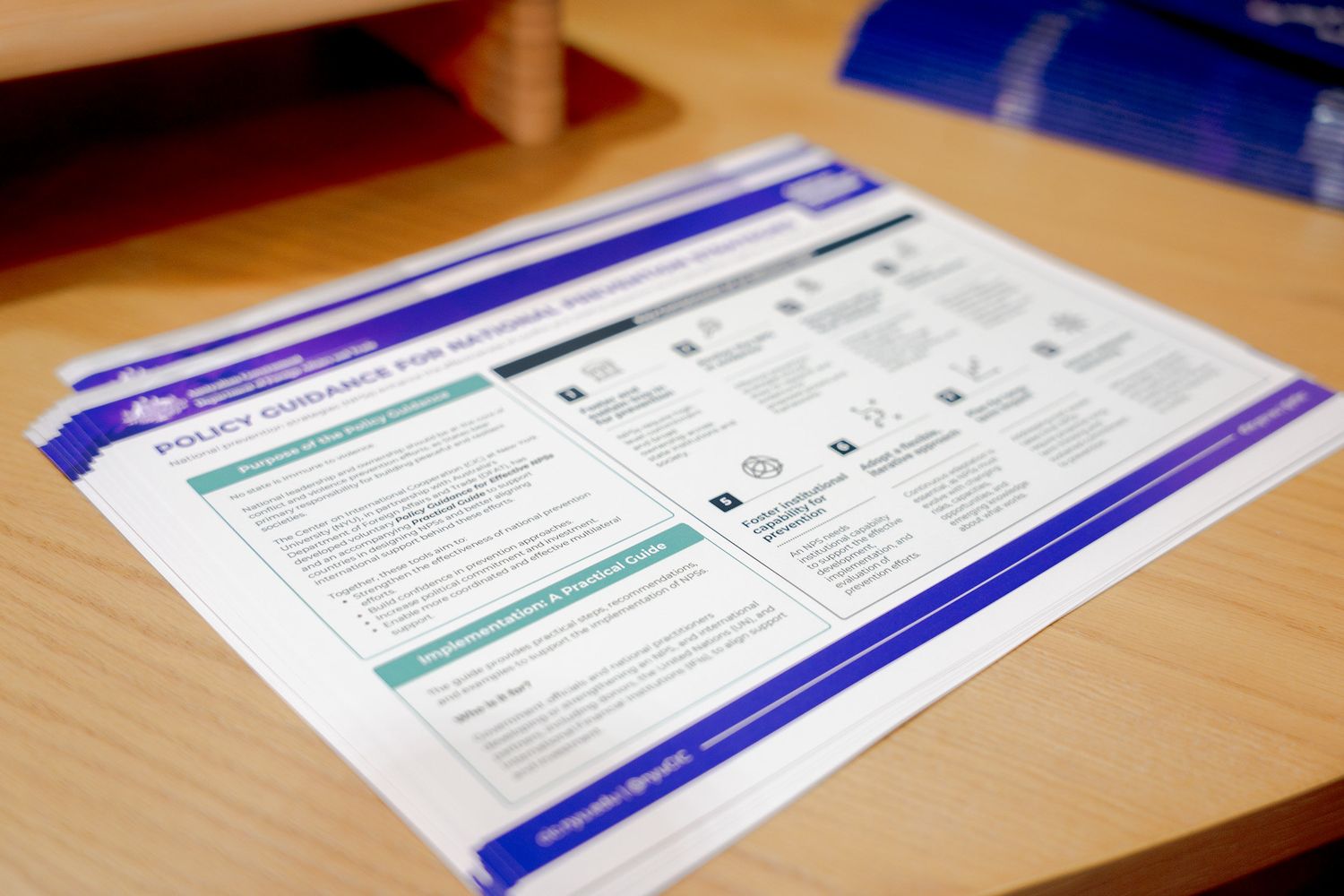 Policy guidance document on national prevention strategies laid flat on a wooden desk.