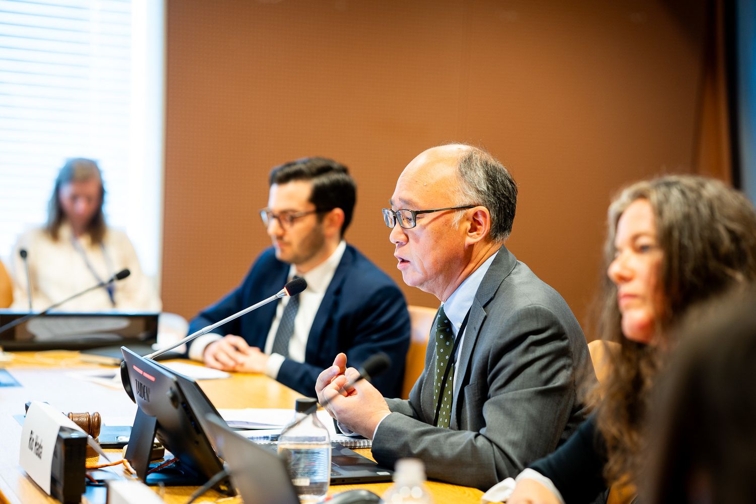 Panel of professionals speaking at a conference table with microphones during a formal meeting.