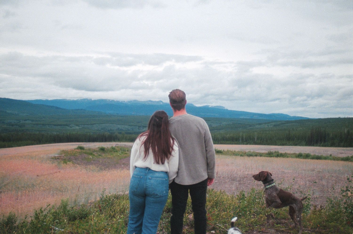 Couple and their brown dog standing together overlooking a vast mountain valley landscape.