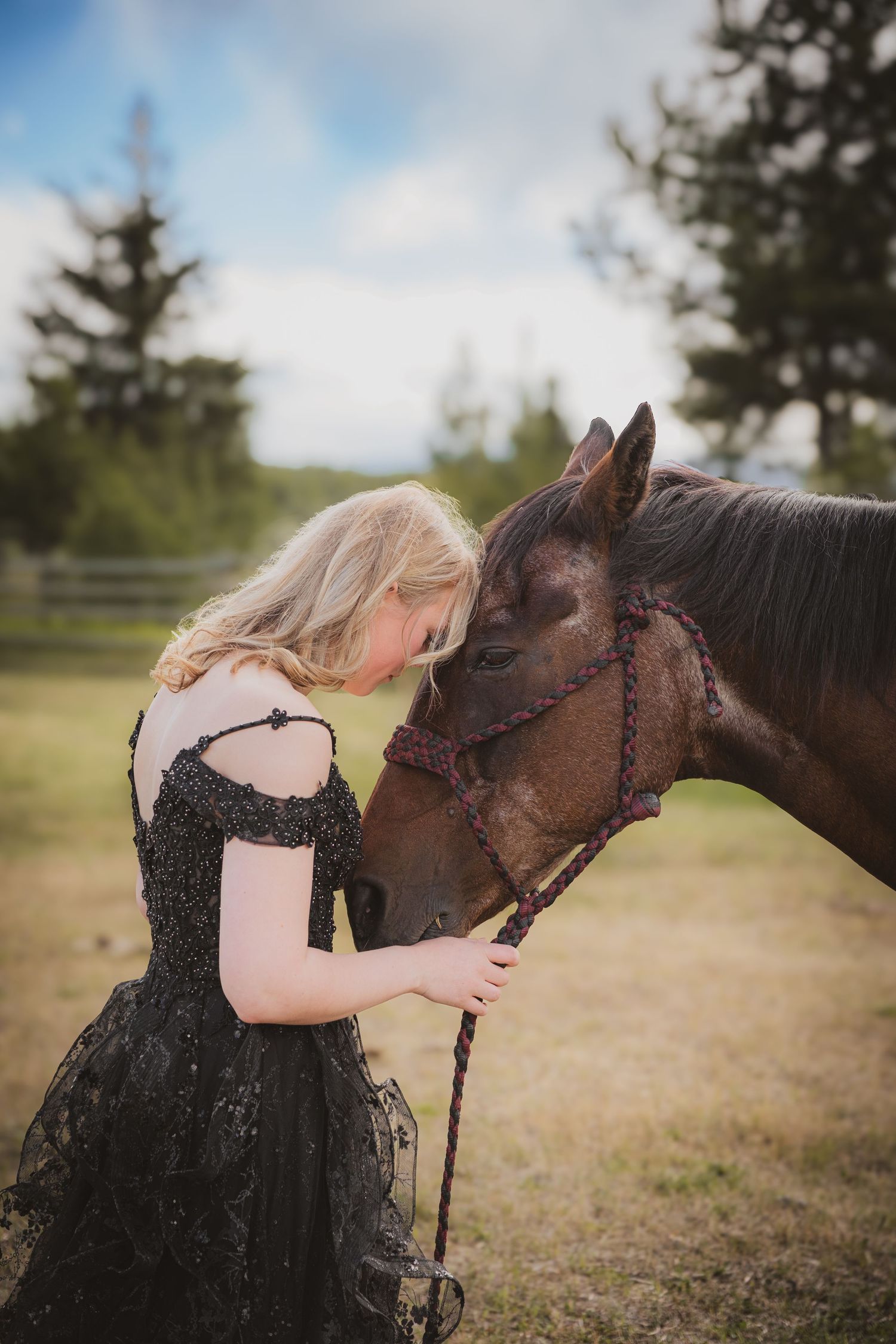 Blonde girl in black lace gown sharing a gentle moment nose-to-nose with a dark horse.
