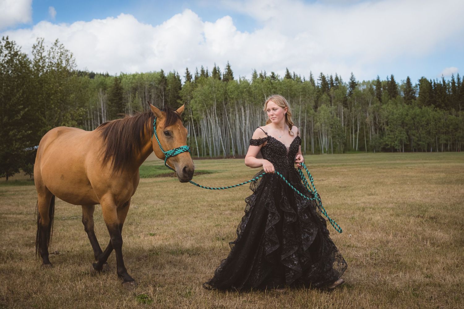 Young woman in black gown leads brown horse across green field with forest backdrop.