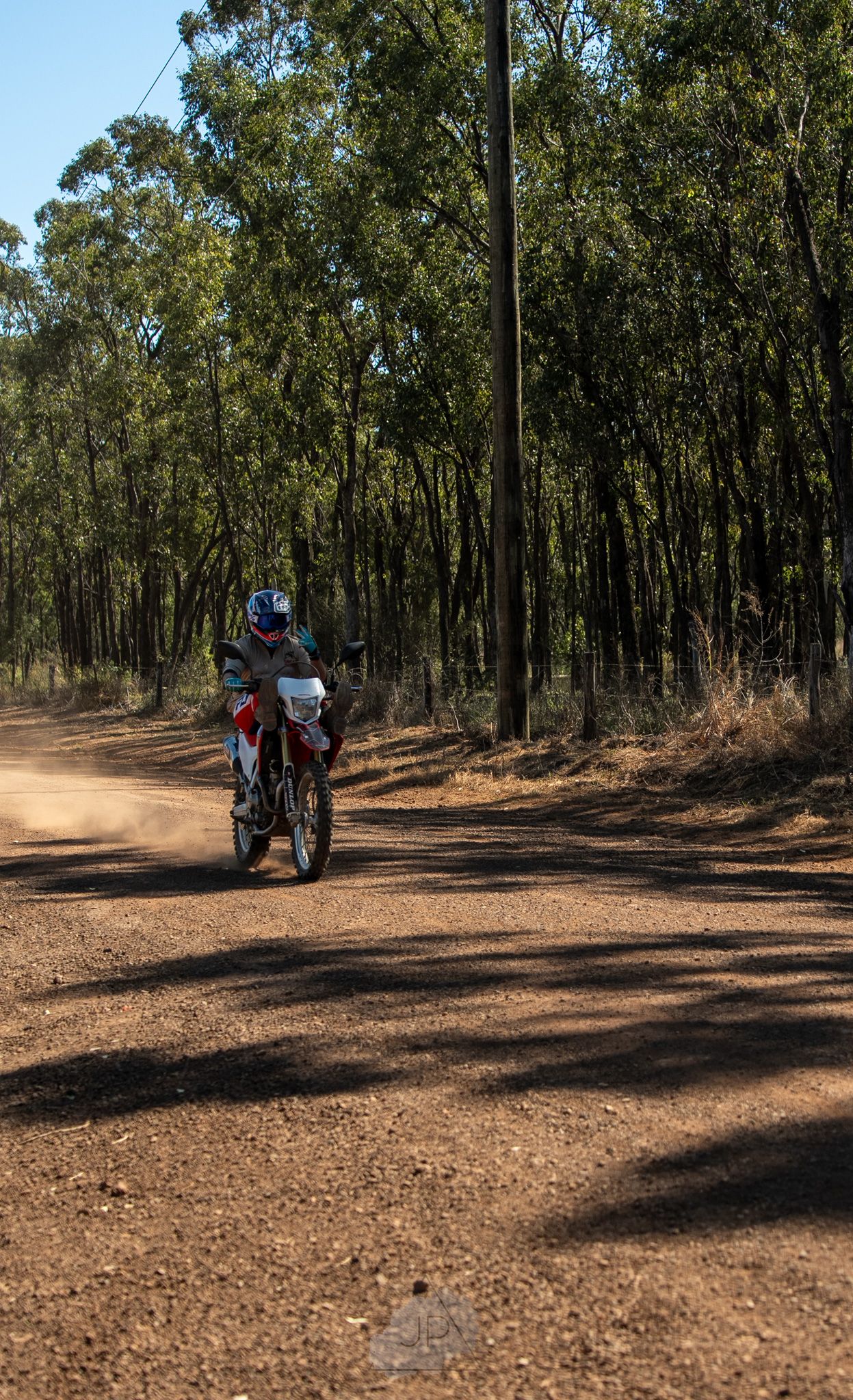 Dirt bike rider on off-road trail through eucalyptus forest wearing protective gear and helmet on sunny day.